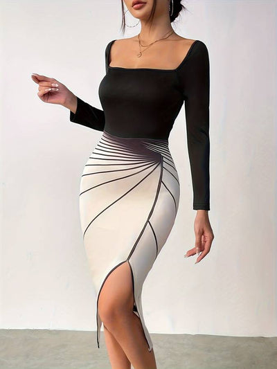 Women's Bodycon Dress - Square Neck - Long Sleeve - High Slit - Figure-Hugging Fit