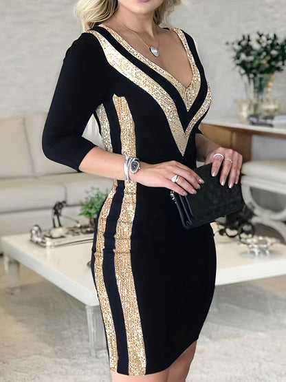 Women's Bodycon Dress - V-Neck - Long Sleeve - Sequin Embellished Elegant Fit