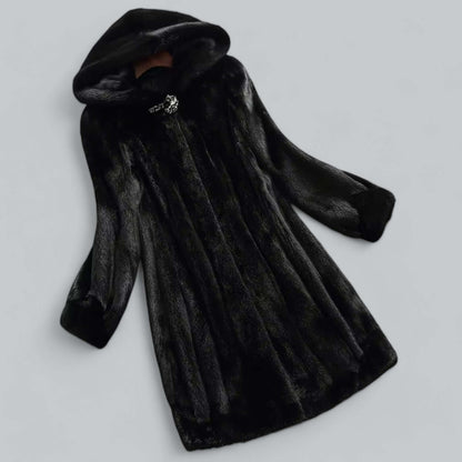 Women’s Faux Fur Coat – Tailored Fit – Knee Length – Hooded with Clasp Closure
