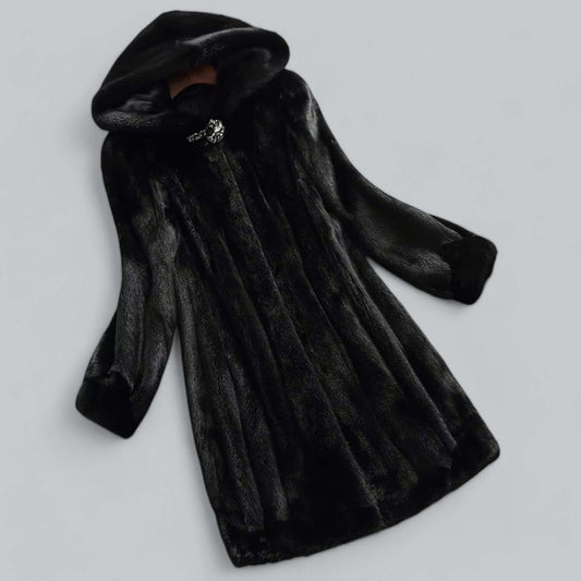 Women’s Faux Fur Coat – Tailored Fit – Knee Length – Hooded with Clasp Closure