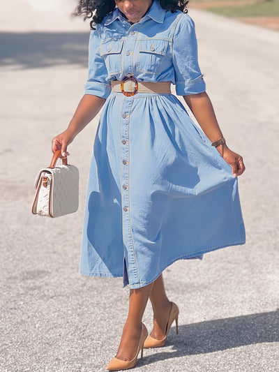 Women's Denim Shirt Dress - Button Down Midi - Belted Waist - Cuffed Sleeve - Pocket Detail