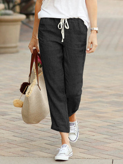Women’s Linen Trousers – Relaxed Fit – Drawstring Waist – Full Length Casual Wear