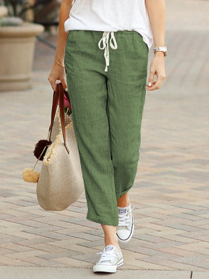 Women’s Linen Trousers – Relaxed Fit – Drawstring Waist – Full Length Casual Wear