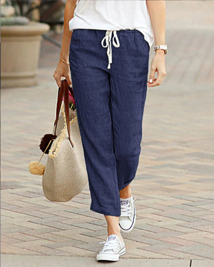 Women’s Linen Trousers – Relaxed Fit – Drawstring Waist – Full Length Casual Wear
