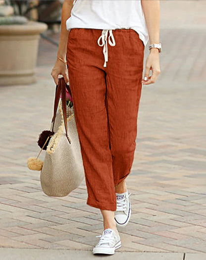 Women’s Linen Trousers – Relaxed Fit – Drawstring Waist – Full Length Casual Wear