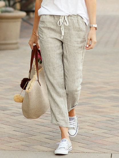 Women’s Linen Trousers – Relaxed Fit – Drawstring Waist – Full Length Casual Wear