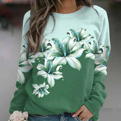 Women's Sweatshirt - Soft Breathable Fabric - Relaxed Fit - Floral Print - Long Sleeve