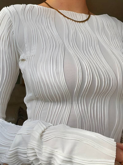 Women's Fitted Top - 3D Textured Pattern - High Neck - Long Sleeve Stretch Fabric