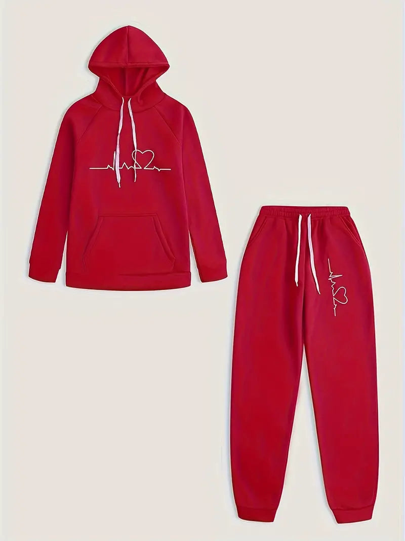 Women's Hoodie & Joggers Set - Heartbeat Graphic - Relaxed Fit - Drawstring Hood & Waist