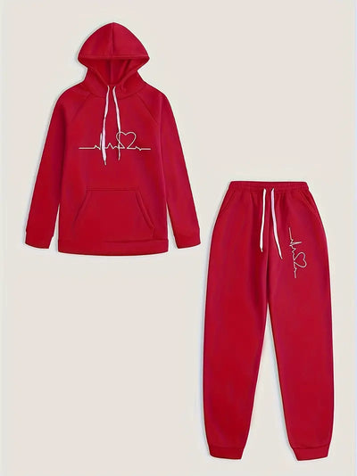 Women's Hoodie & Joggers Set - Heartbeat Graphic - Relaxed Fit - Drawstring Hood & Waist