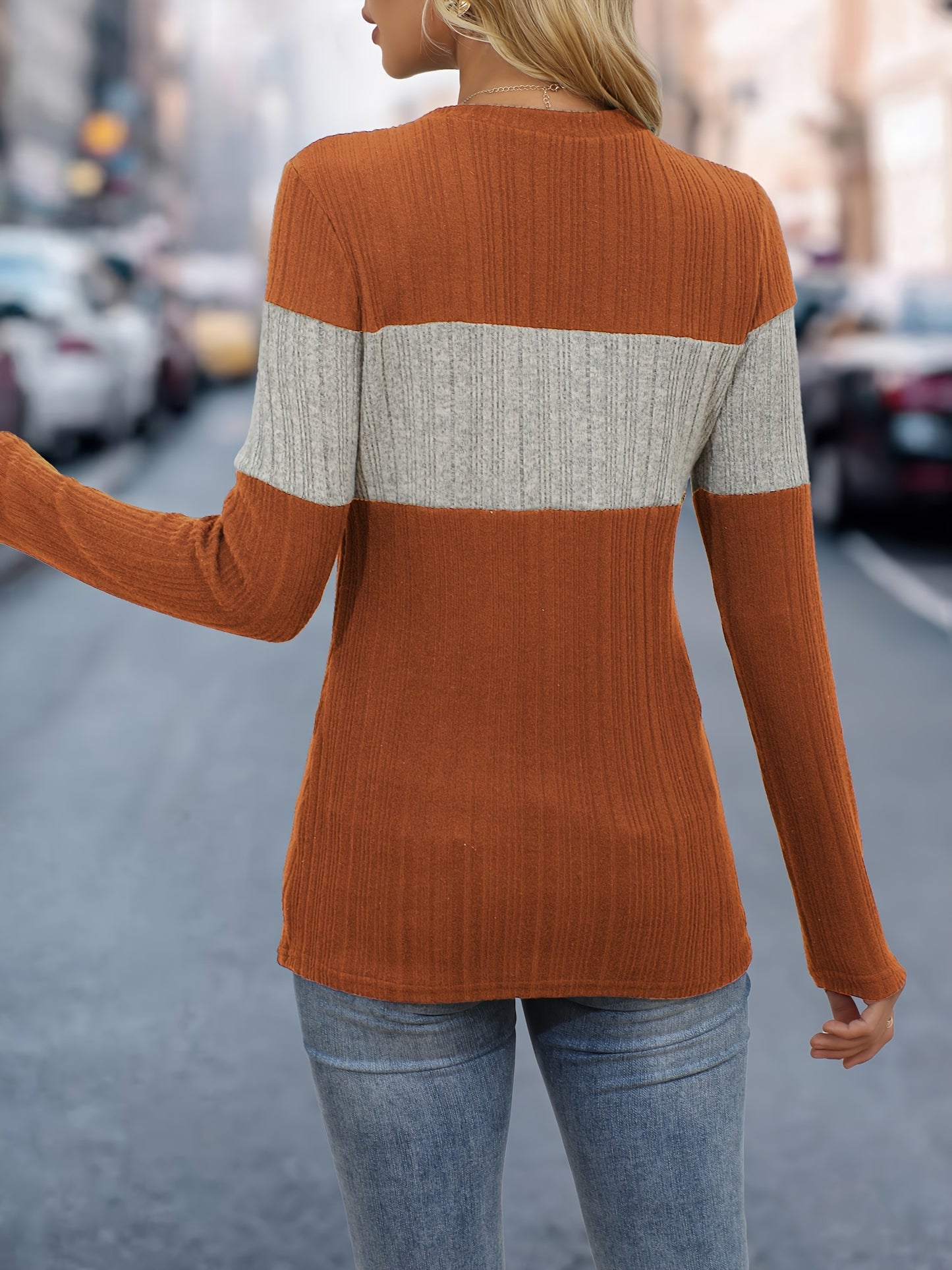 Women's Knit Sweater - Ribbed Texture - Long Sleeve Crew Neck - Stylish Casual Wear