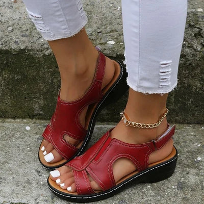 Women's Orthopedic Wedge Sandals - Synthetic Leather - Cut-Out Design - Adjustable Strap - Open Toe