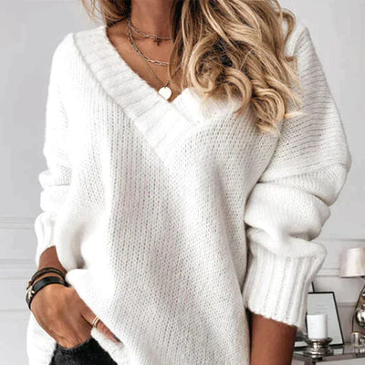 Women’s Pullover Sweater – Wool Knit – Relaxed Fit – Deep V-Neck – Ribbed Trim
