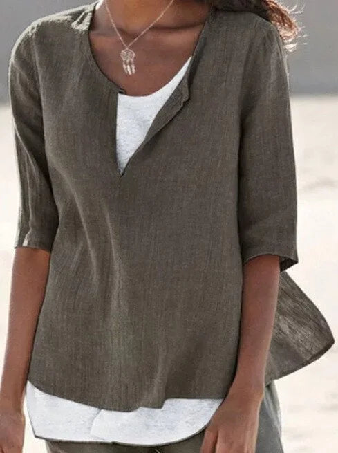 Women’s Blouse – Relaxed Fit – Layered V-Neck – Mid Sleeve – Breathable Blend