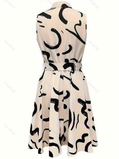 Women's Sleeveless Shirt Dress - Abstract Print - Button-Down Collared - Belted Waist