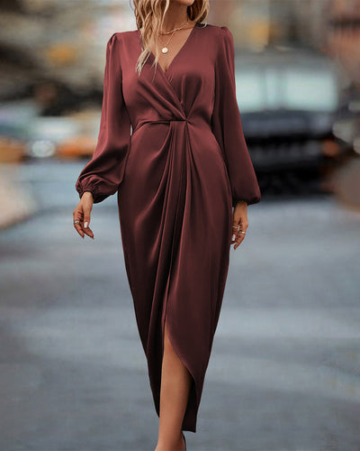 Elegant V-Neck Dress with Lantern Sleeves for Women