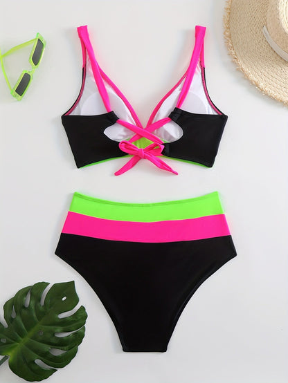 Women’s Bikini Set – V-Neck Top – Ruched Straps – High-Waisted – Stretch Fit