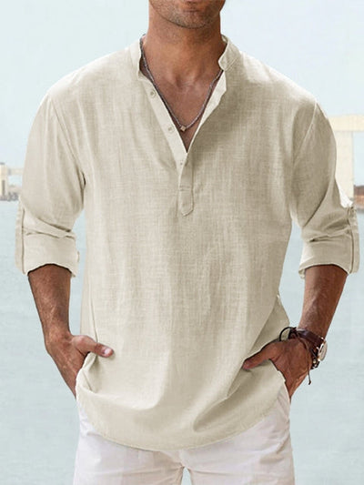 Men’s Henley Shirt - Breathable Cotton Linen - Relaxed Fit - Long Sleeve Band Collar