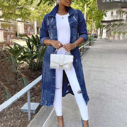 Women’s Trench Coat – Denim – Relaxed Fit – Distressed – Full Length – Button Front