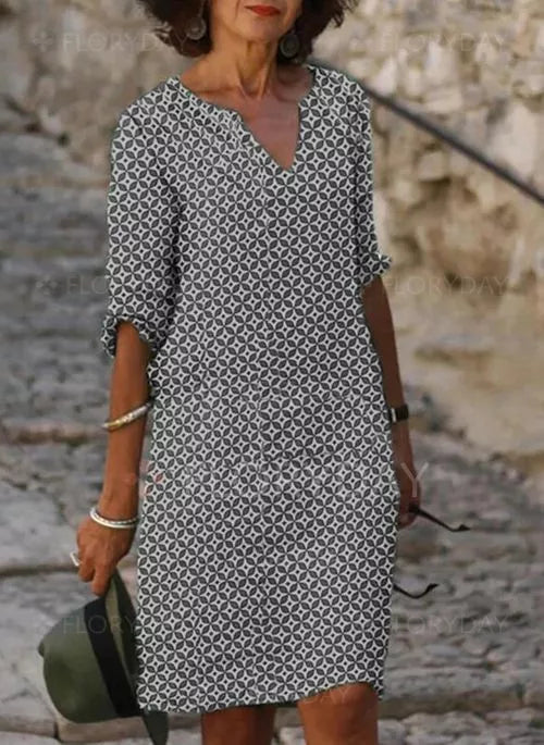 Women’s Knee-Length Dress – Loose Fit – V-Neck – 3/4 Sleeve – Breathable Blend – Geometric Print