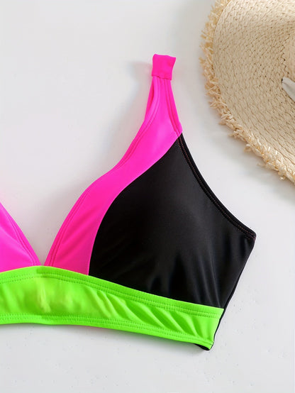 Women’s Bikini Set – V-Neck Top – Ruched Straps – High-Waisted – Stretch Fit