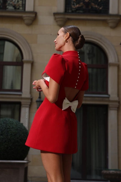Women’s Mini Dress – Tailored Fit – Puff Sleeves – Open Back with Bow and Buttons