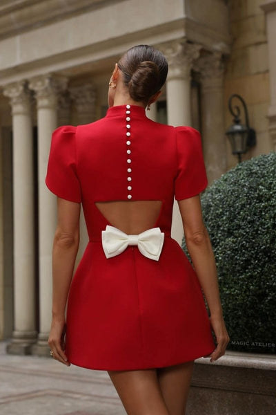 Women’s Mini Dress – Tailored Fit – Puff Sleeves – Open Back with Bow and Buttons