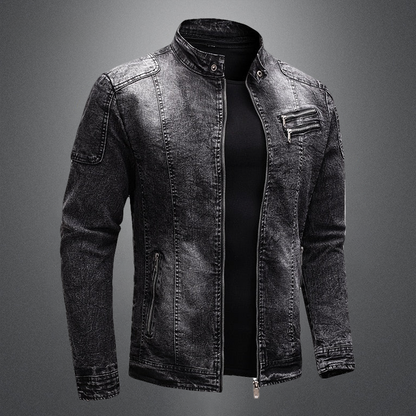 Retro standing collar zipper closure denim jacket