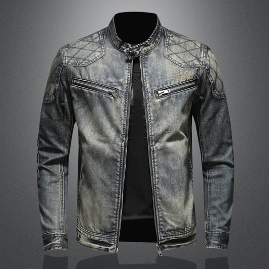 Men’s Denim Jacket - Slim Fit - Stand Collar - Quilted Shoulders - Zipper Pockets