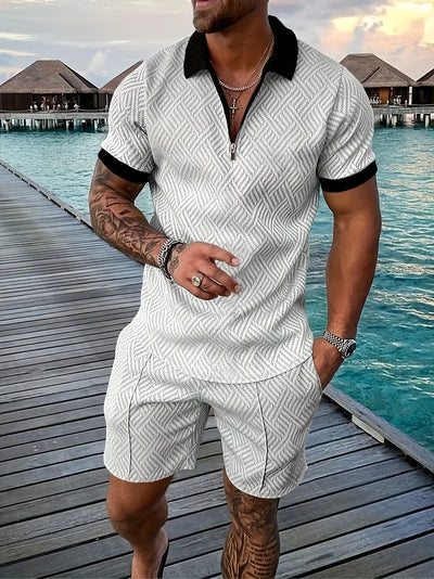 Men’s Polo Shirt and Shorts Set – Slim Fit – Breathable Blend – Zip Placket – Textured