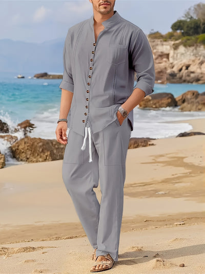 Men’s Beachwear Set - Long Sleeve Button-Up Shirt & Drawstring Trousers - Relaxed Fit