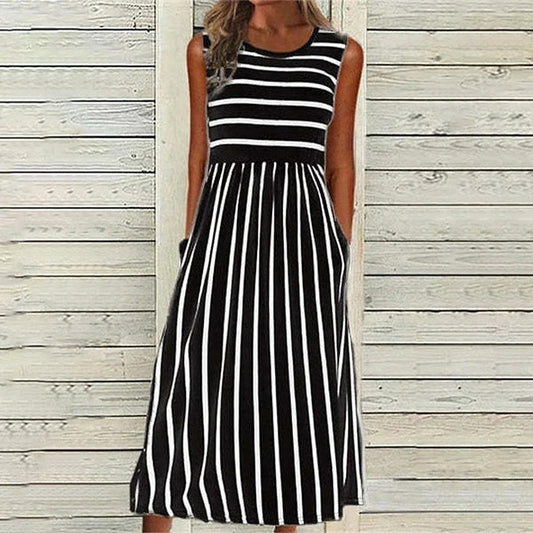 Women’s Tank Midi Dress – Relaxed Fit – A-Line Silhouette – Natural Fibers – Striped