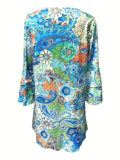 Women's Dress - V-Neck - Long Sleeve - Flowy Lightweight Paisley Boho Style