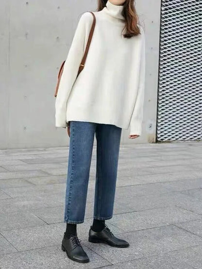 Women’s Turtleneck Sweater – Wool Blend – Relaxed Fit – Ribbed Cuffs – Hip Length