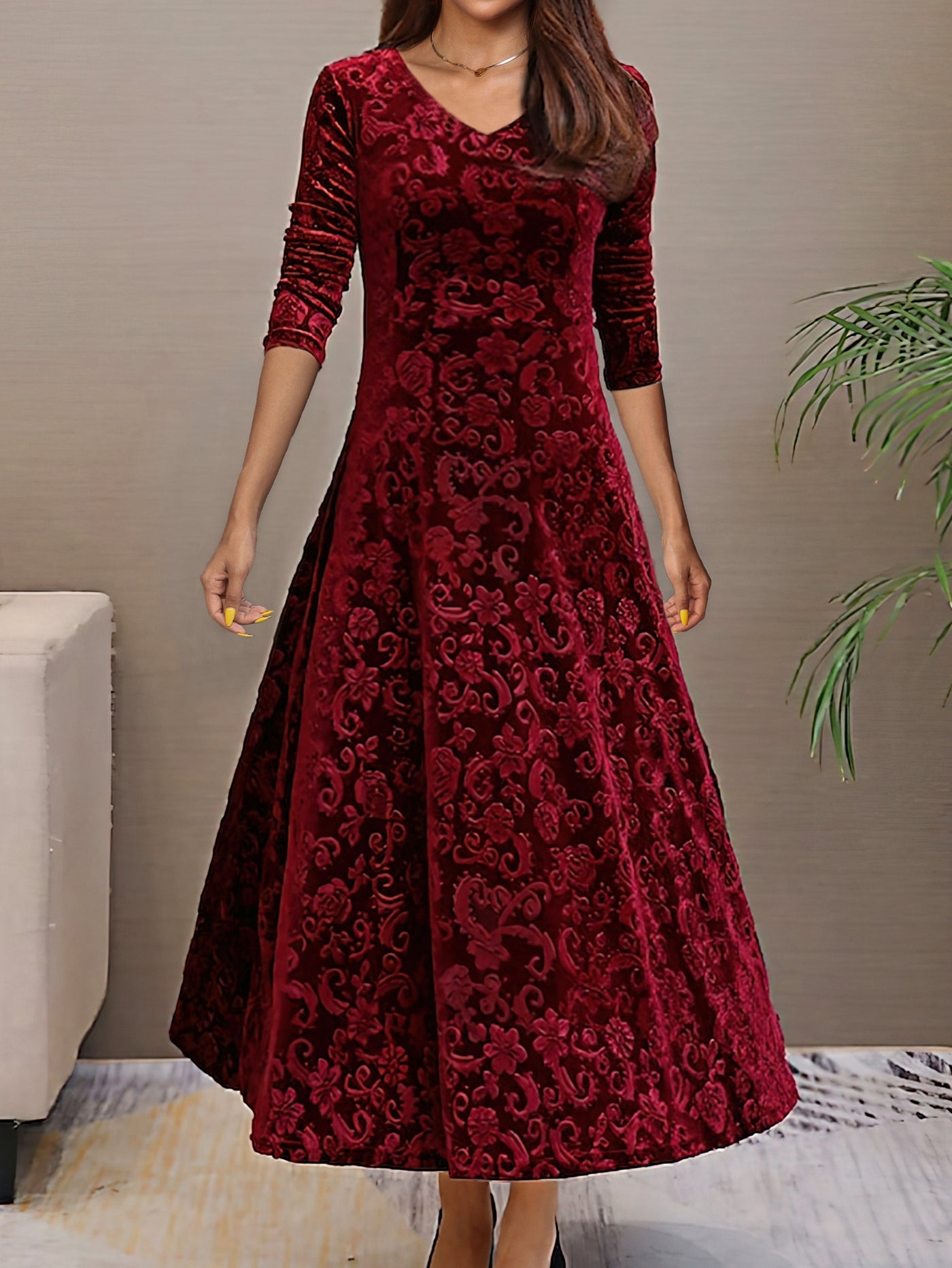 Women’s Midi Dress - Velvet A-Line - Floral Pattern - V-Neck - 3/4 Sleeve Elegant Fit