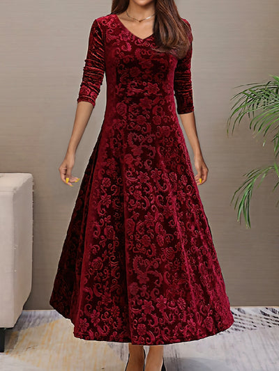 Women’s Midi Dress - Velvet A-Line - Floral Pattern - V-Neck - 3/4 Sleeve Elegant Fit
