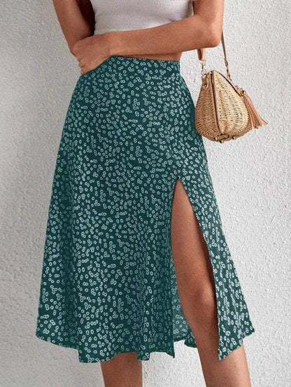 Women's Midi Skirt - High Waist - A-Line Silhouette - Floral Print - Side Slit