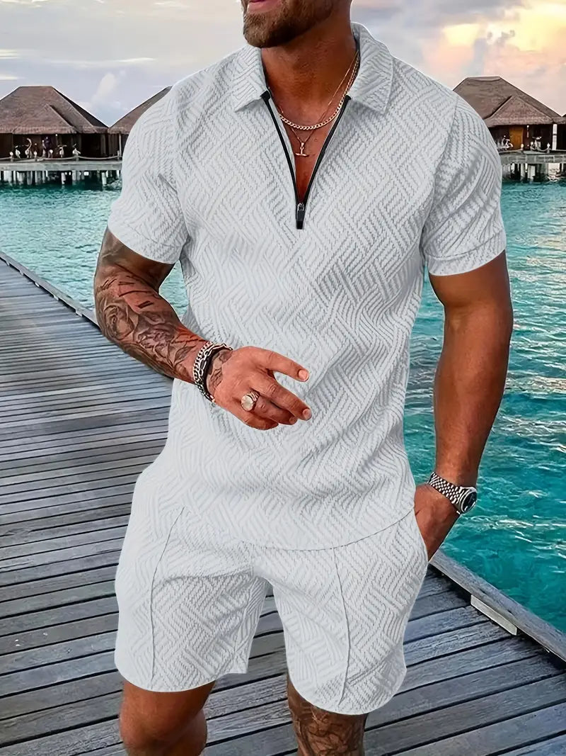 Men’s Polo Shirt and Shorts Set – Slim Fit – Breathable Blend – Zip Placket – Textured
