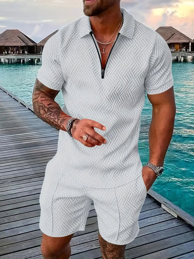 Men’s Polo Shirt and Shorts Set – Slim Fit – Breathable Blend – Zip Placket – Textured