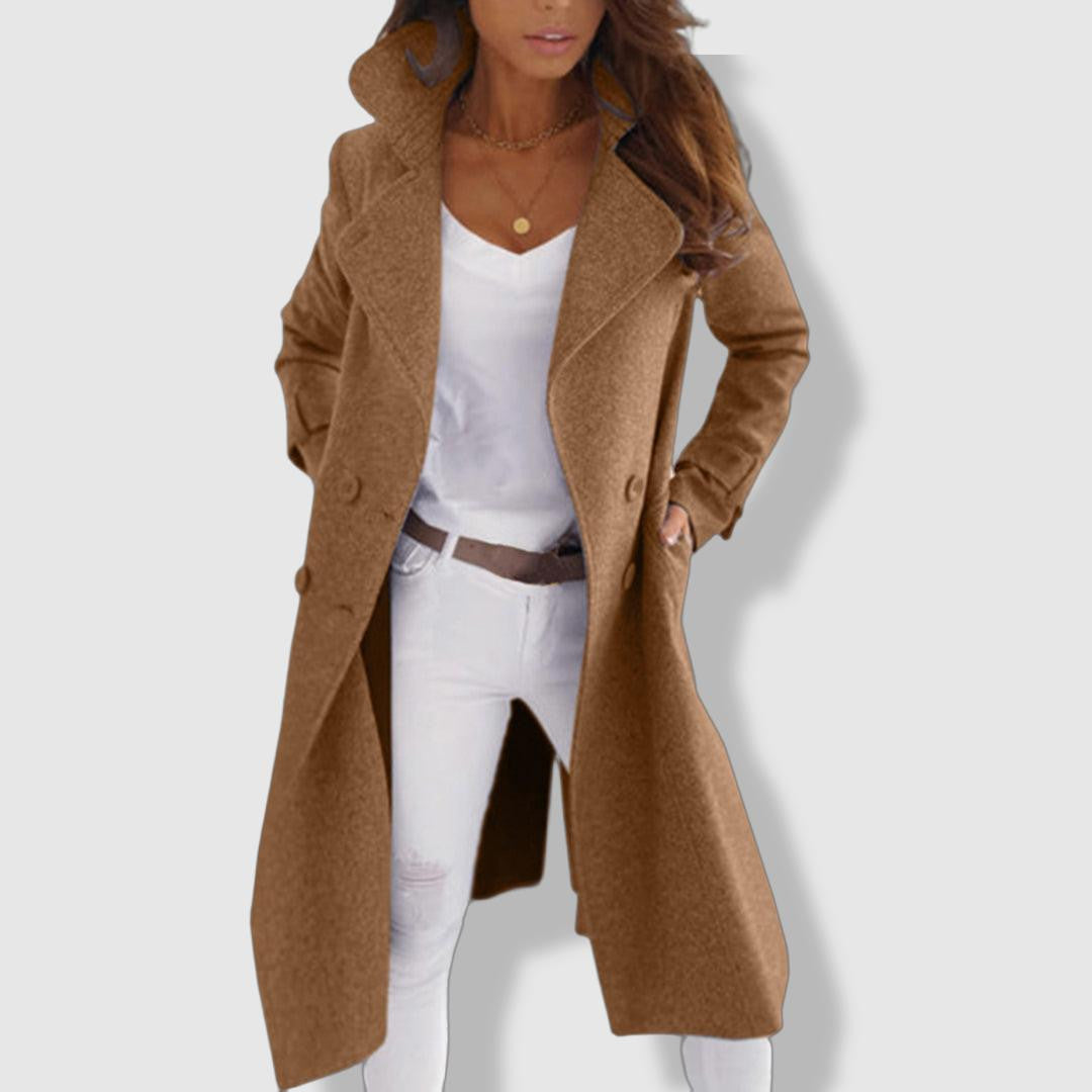 Women's Trench Coat - Wool Blend - Double-Breasted - Wide Lapel - Longline Elegant Fit