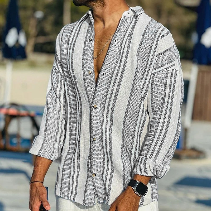 Men’s Casual Shirt – Relaxed Fit – Vertical Stripes – Natural Fibers – Button Front