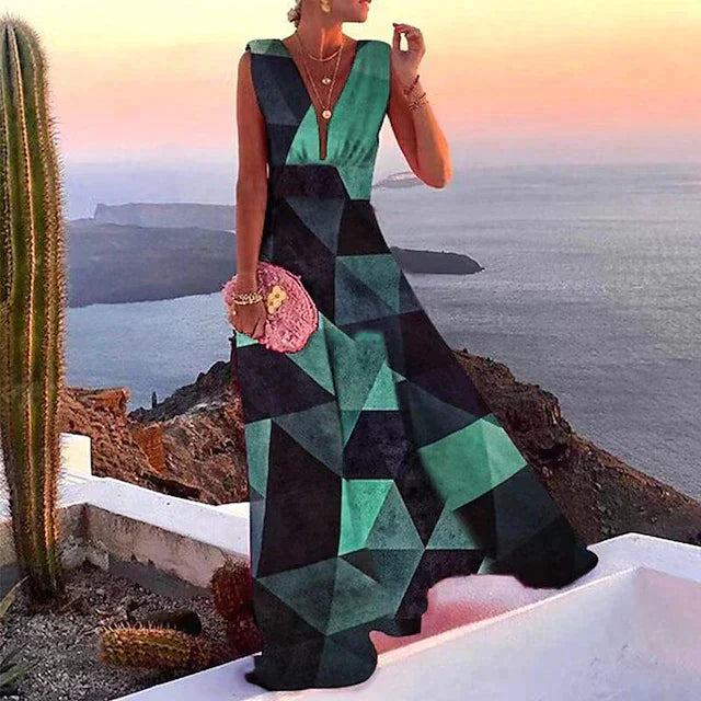 Women’s Maxi Dress – Flowy Fit – Sleeveless – Deep V-Neck – Bold Floral Print – Breathable Blend
