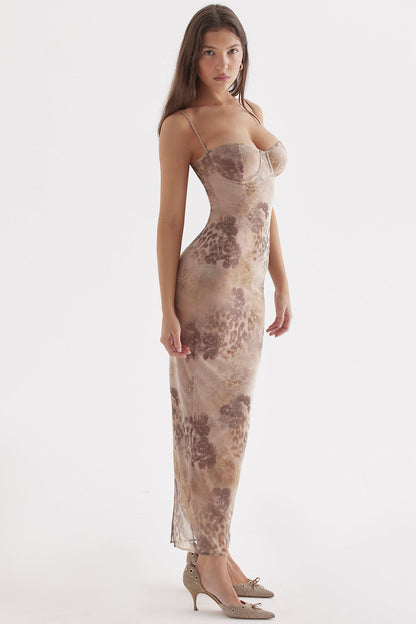 Women’s Maxi Dress – Corset Bodice – Spaghetti Straps – Floral Print – Elegant Fit