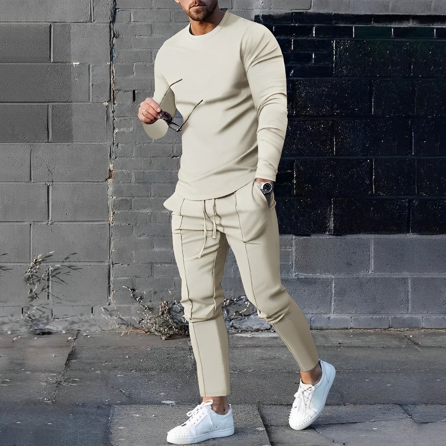 Men's long sleeve shirt and pants with drawstring set