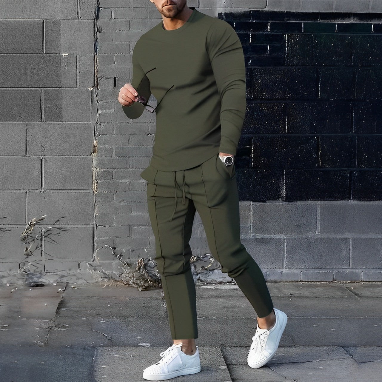 Men's long sleeve shirt and pants with drawstring set