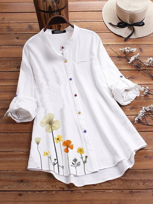 Women’s Long Sleeve Shirt – Relaxed Fit – Stand Collar – Floral Hem – Breathable Blend