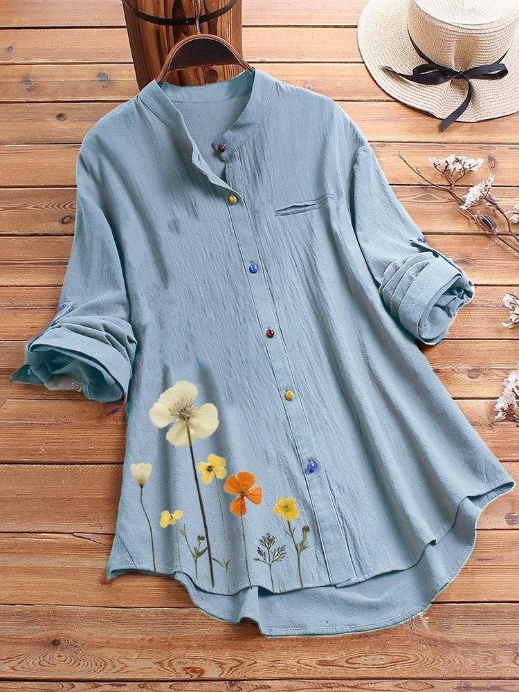 Women’s Long Sleeve Shirt – Relaxed Fit – Stand Collar – Floral Hem – Breathable Blend