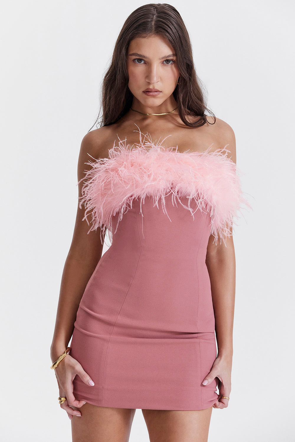 Women’s Mini Dress – Strapless Bodycon Fit – Fur Trim – Evening Cocktail Wear