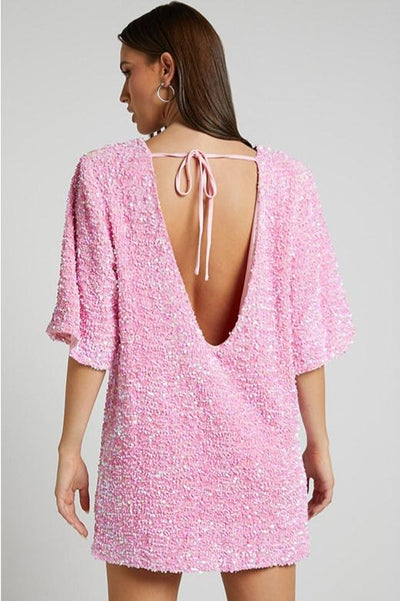 Women’s Mini Dress – Sequin Embellished – Backless Plunge – Relaxed Fit – Short Sleeve