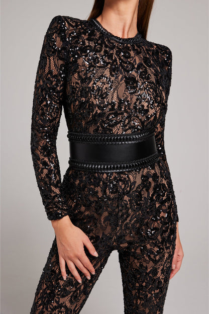 Women’s Lace Jumpsuit - Sequin Embellished - Long Sleeve - High Neck - Fitted Waist